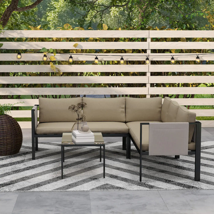 Garden Furniture Set Khaki Black Frame | 4-Piece with Mesh Side Pockets - Little and Giant Explorers Outsunny