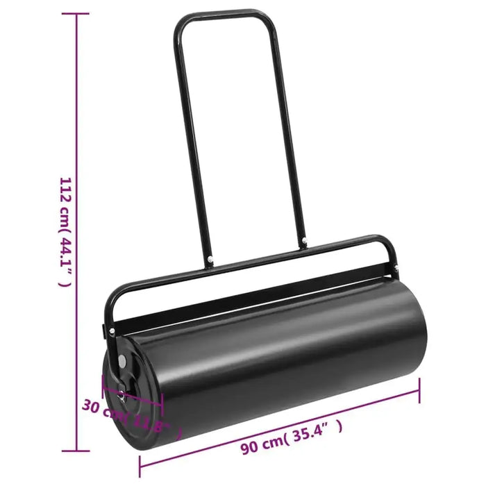 Heavy-duty black garden lawn roller with handle, iron body, 63L capacity, and dimensions labeled.