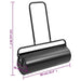 Heavy-duty black garden lawn roller with handle, iron body, 63L capacity, and dimensions labeled.