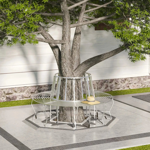 Garden Metal Round Tree Bench Seat in Silver Ø160cm - Little and Giant Explorers Outsunny