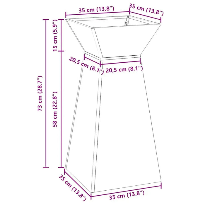 Diagram of a 73cm tall garden pillar planter with 35x35cm top and base dimensions, detailed measurements