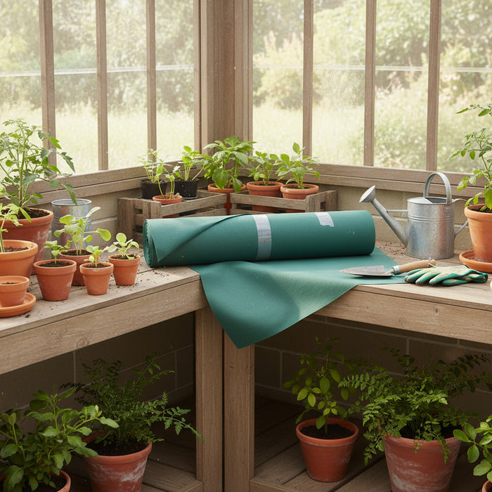Green garden fleece roll on wooden potting bench with potted plants, gloves, and watering can