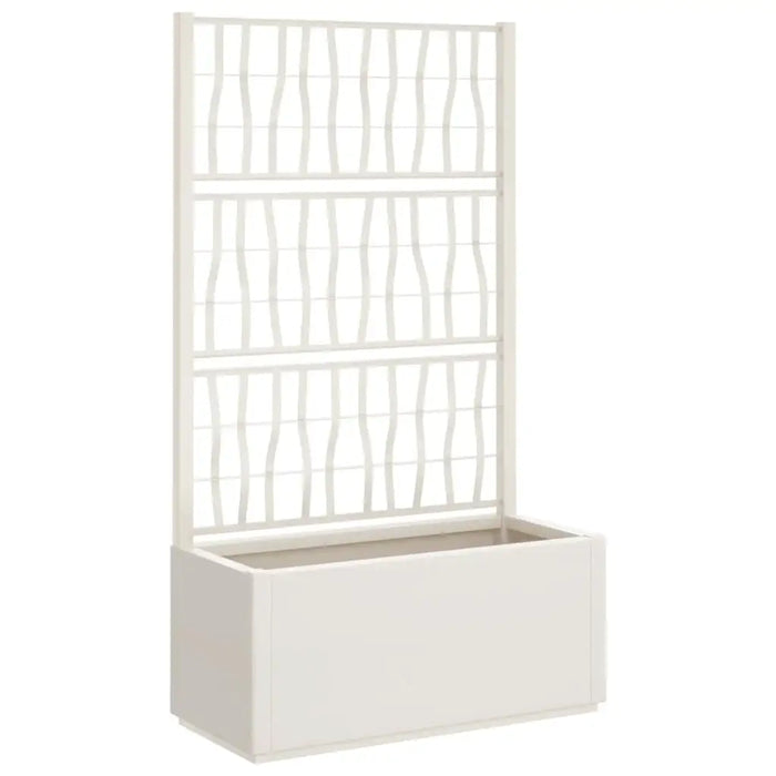 White polypropylene raised garden planter with decorative trellis for climbing plants