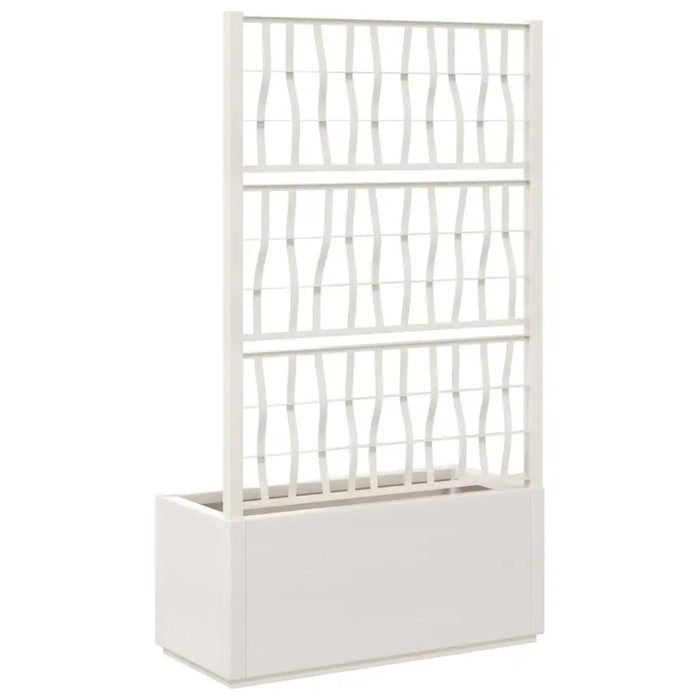 White polypropylene raised garden planter with an attached trellis for climbing plants