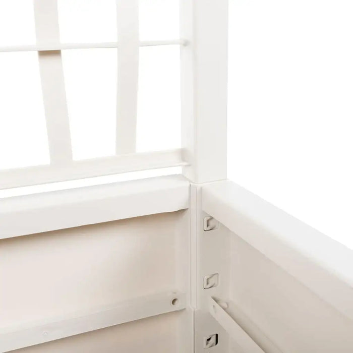 White polypropylene garden planter corner with trellis for climbing plants, raised bed design
