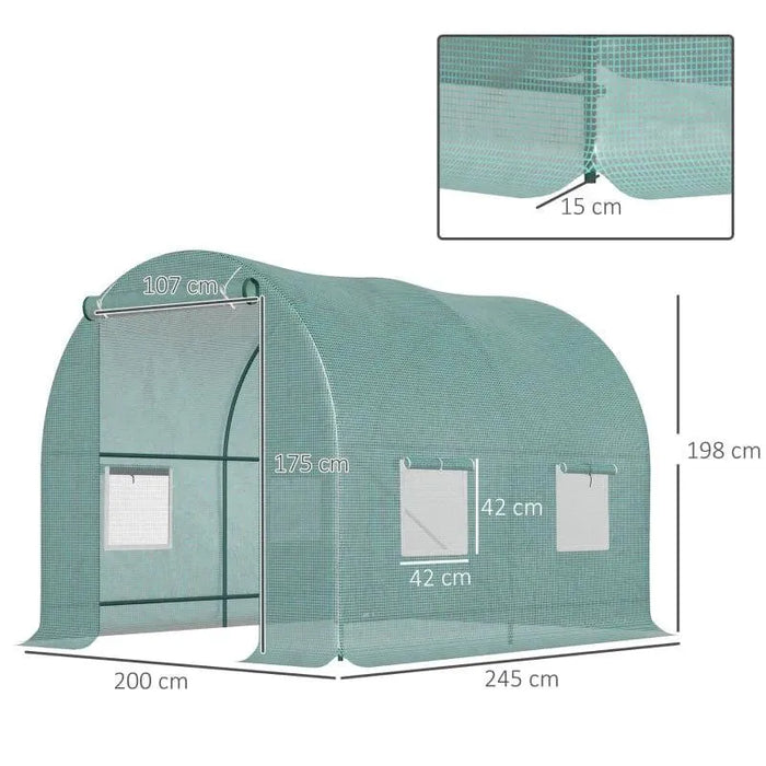 Green polytunnel greenhouse with side windows, roll-up door, and labeled dimensions