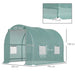 Green polytunnel greenhouse with side windows, roll-up door, and labeled dimensions