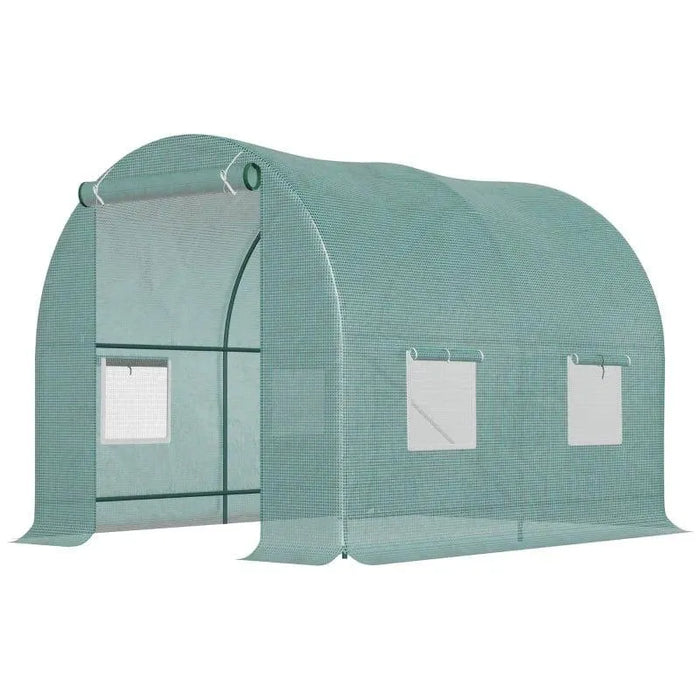 Green polytunnel greenhouse with roll-up door and mesh side windows