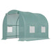 Green polytunnel greenhouse with roll-up door and mesh side windows