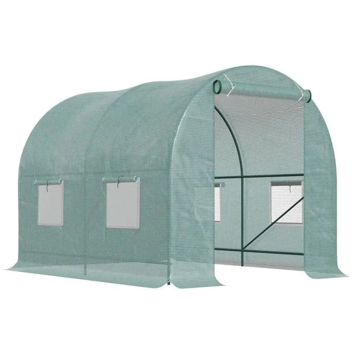 Green polytunnel greenhouse with roll-up door and side windows for garden use