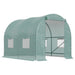 Green polytunnel greenhouse with roll-up door and side windows for garden use