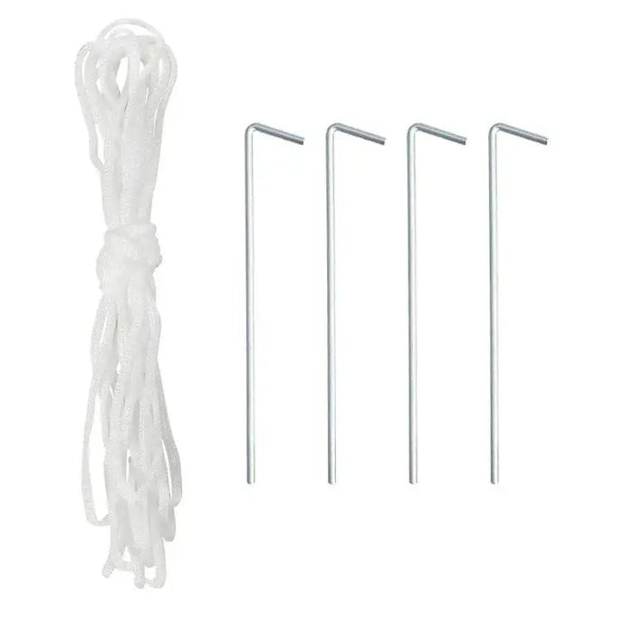 Polytunnel greenhouse kit with white rope and four metal ground stakes on white background