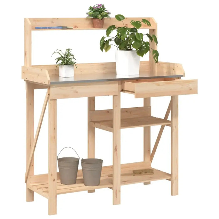 Garden Potting Bench – Solid Fir Wood | Natural Finish - Zinc Tabletop and Storage Shelves VIDAXL - Little and Giant Explorers vidaXL