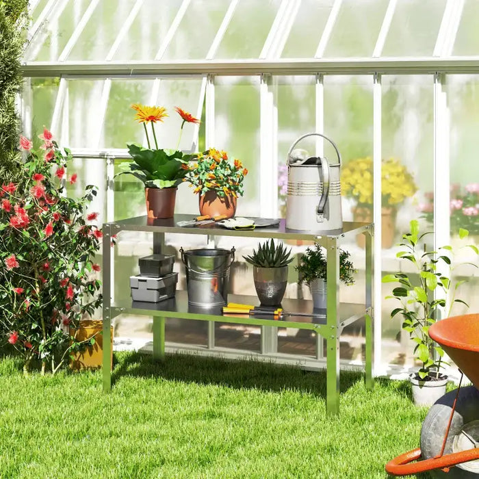 Garden Potting Table – Galvanised Steel | 2-Tier Outdoor Workbench OUTSUNNY - Little and Giant Explorers Outsunny