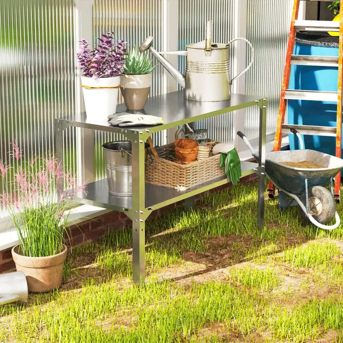 Garden Potting Table – Galvanised Steel | 2-Tier Outdoor Workbench OUTSUNNY - Little and Giant Explorers Outsunny