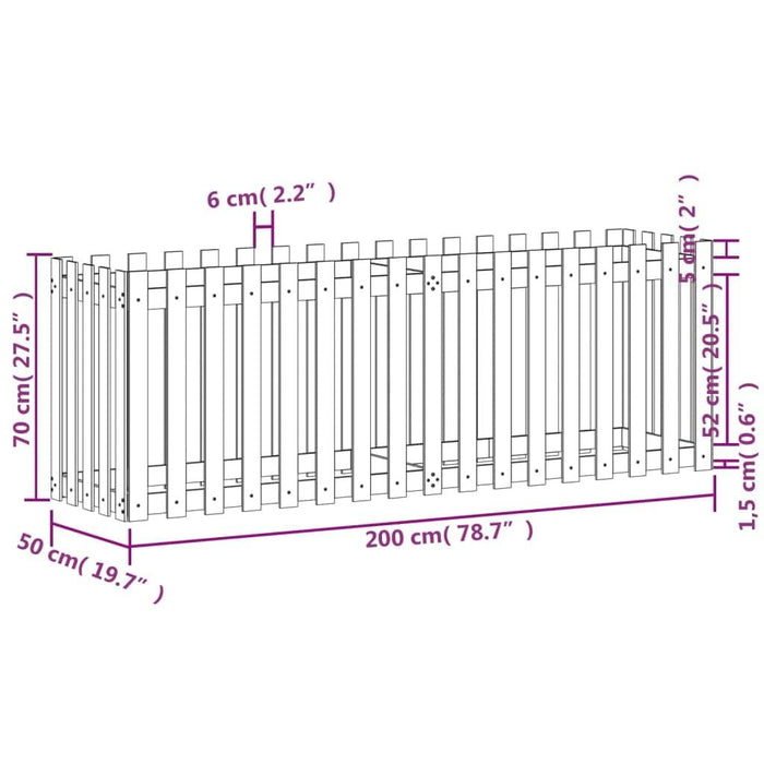 Garden Raised Bed with Fence Design in White and Solid Wood Pine (200 x 50 x 70cm) - Little and Giant Explorers vidaXL