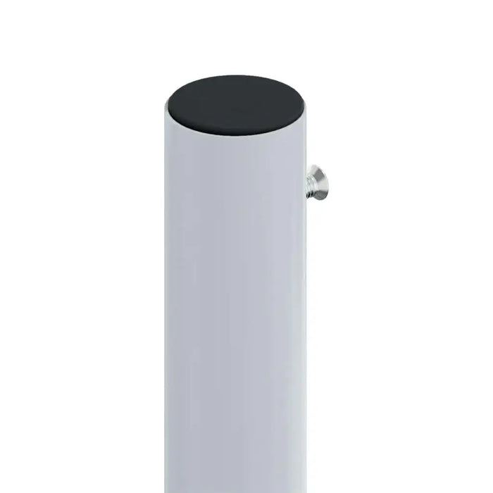 Close-up of a cylindrical metal awning pole with a black top and side screw, garden accessory