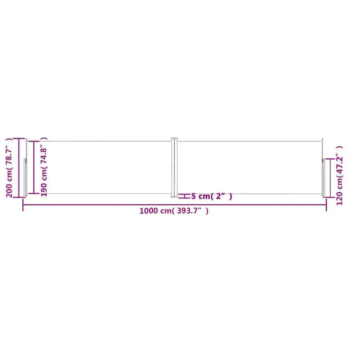 Diagram of garden side awning, anthracite color, retractable, 1000cm long, labeled dimensions
