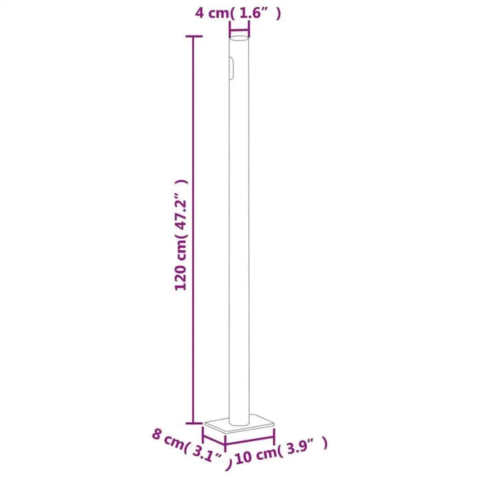 Diagram of a vertical metal post with base, labeled with dimensions in cm and inches