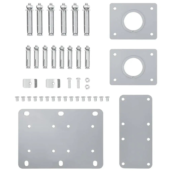 Garden side awning installation kit with bolts, nuts, brackets, and metal mounting plates.
