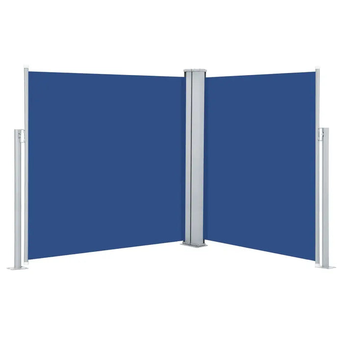 Double-sided blue garden side awning with retractable privacy screen and metal frame