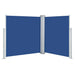 Double-sided blue garden side awning with retractable privacy screen and metal frame