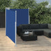 Blue double-sided retractable garden side awning with privacy screen on patio