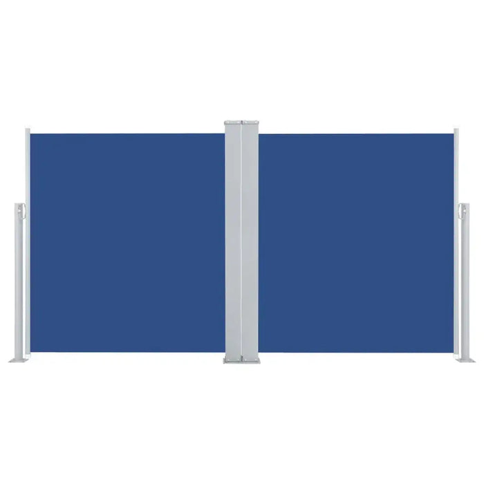 Blue double-sided retractable garden side awning privacy screen with white frame