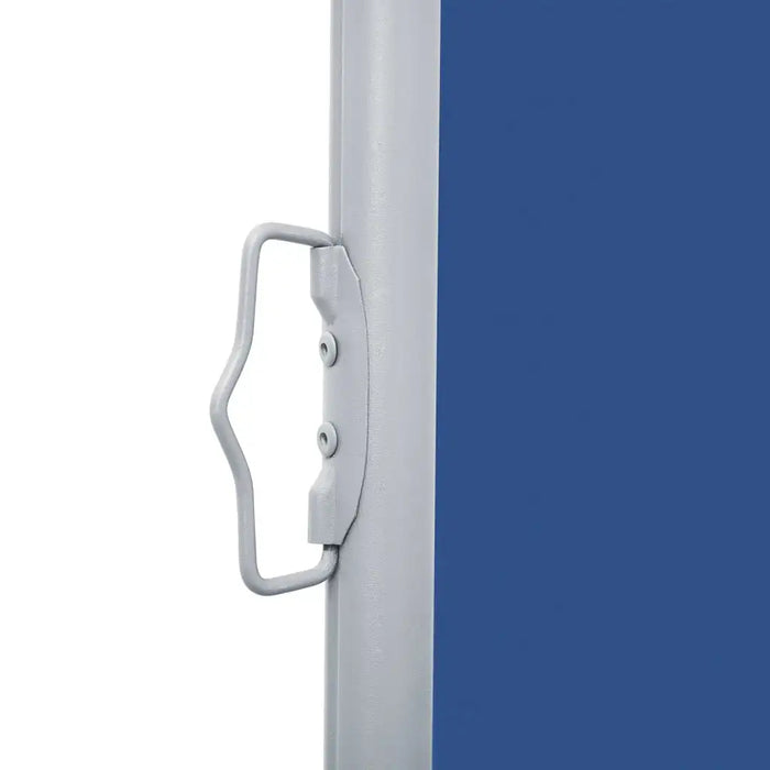 Close-up of gray metal post and handle on blue garden side awning privacy screen