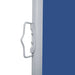 Close-up of gray metal post and handle on blue garden side awning privacy screen