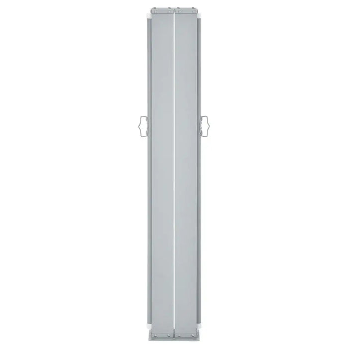 Folded blue garden side awning with metal frame, double sided retractable privacy screen