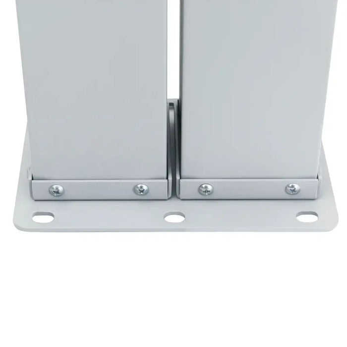 Close-up of gray metal awning support base with screws and mounting plate