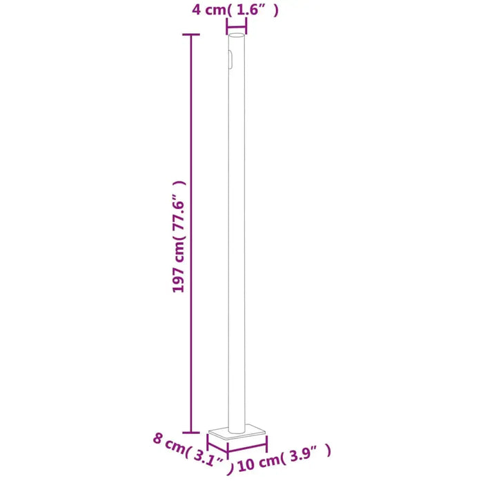 Diagram of a vertical garden awning post with measurements in centimeters and inches.