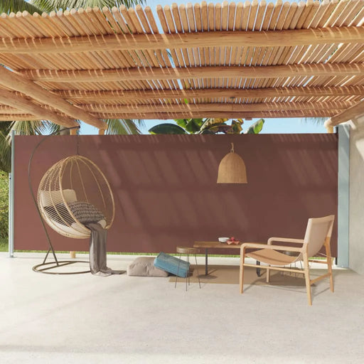 Brown retractable garden side awning with natural wood pergola, modern outdoor furniture
