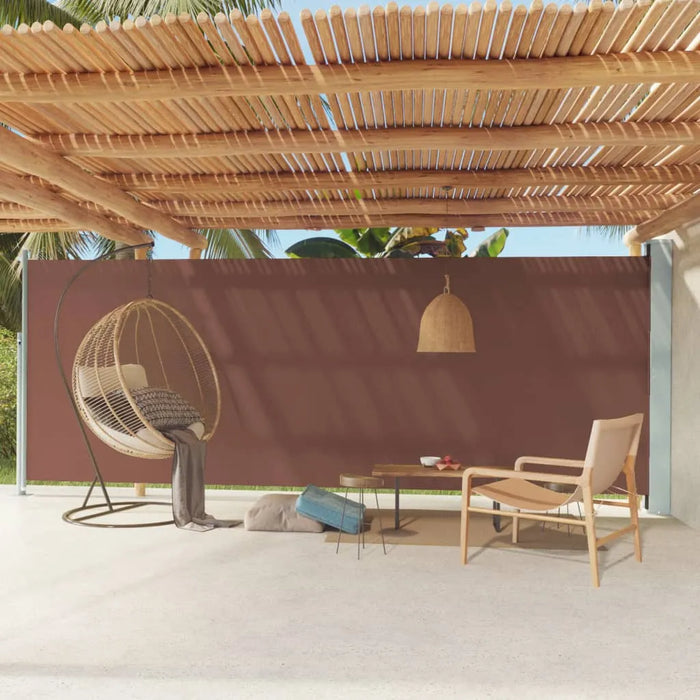 Brown retractable garden side awning with natural wood pergola, modern outdoor furniture