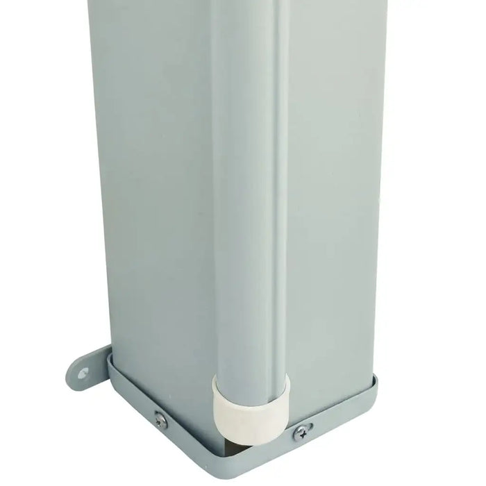 Close-up of brown retractable garden side awning pole base with mounting bracket