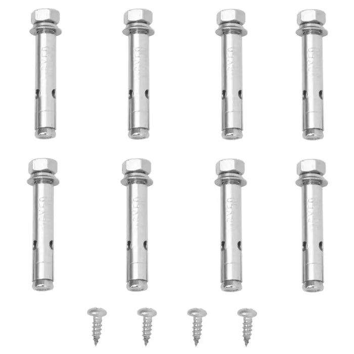 Set of eight metal anchor bolts and four wood screws for mounting, arranged on white background