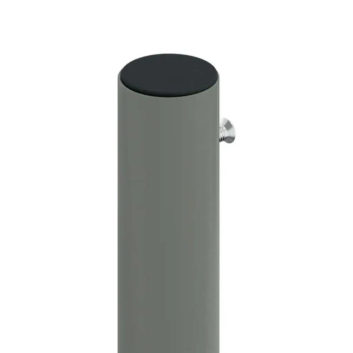 Close-up of a grey metal garden awning pole with a black top and side bolt