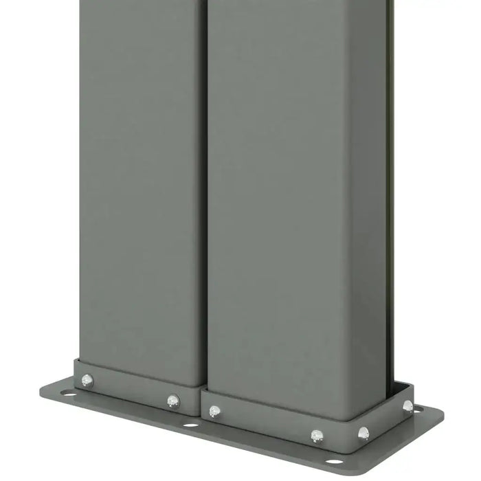 Close-up of a gray metal retractable garden side awning post base with bolts
