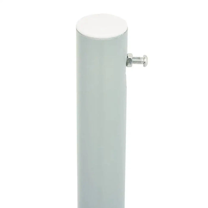 Close-up of metal awning support pole with bolt, cream color, for garden privacy screen.
