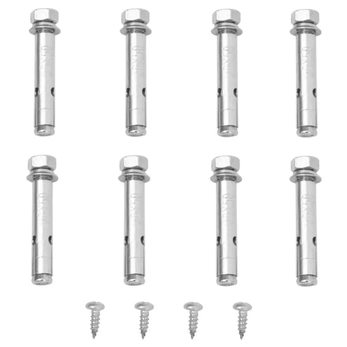 Set of eight metal wall anchors and four screws on white background, installation hardware