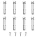 Set of eight metal wall anchors and four screws on white background, installation hardware