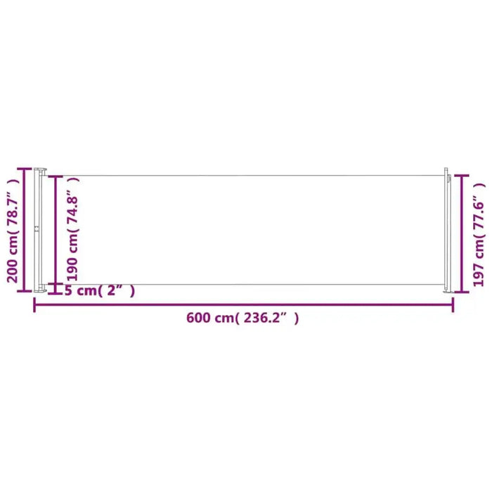 Diagram of cream garden side awning, 200x600cm, retractable privacy screen with measurements