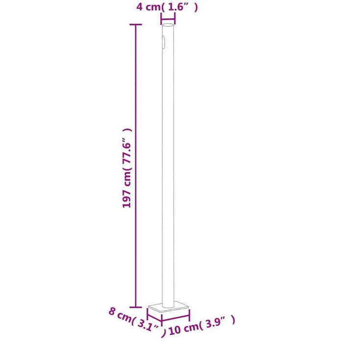 Cream garden side awning post, 197cm tall, with base dimensions labeled in cm and inches