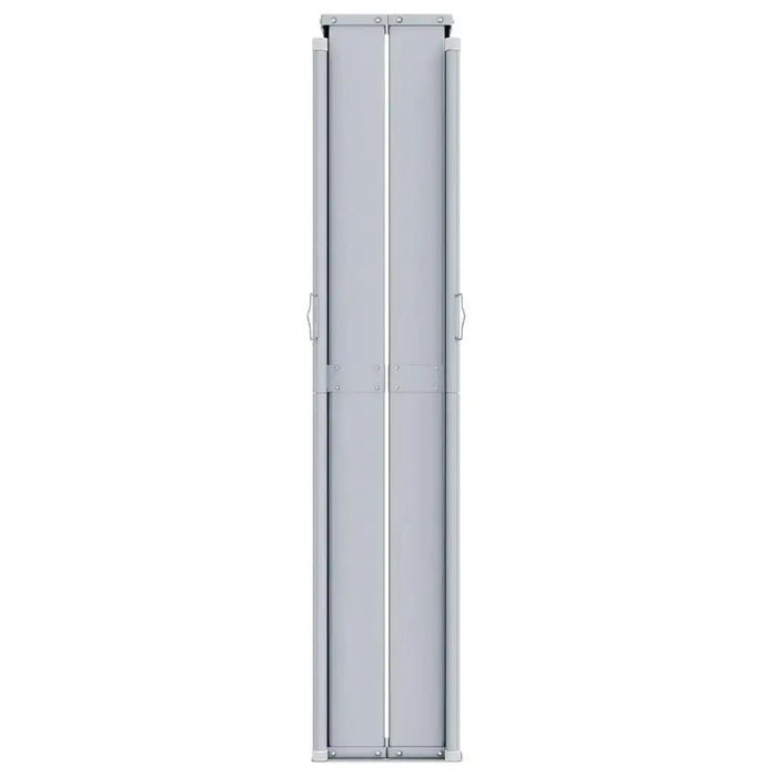 Closed cream retractable garden side awning with metal frame, vertical view.