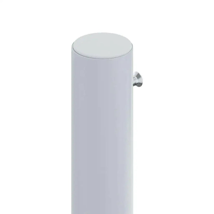 Close-up of a cylindrical cream-colored retractable awning screen post with metal bolt