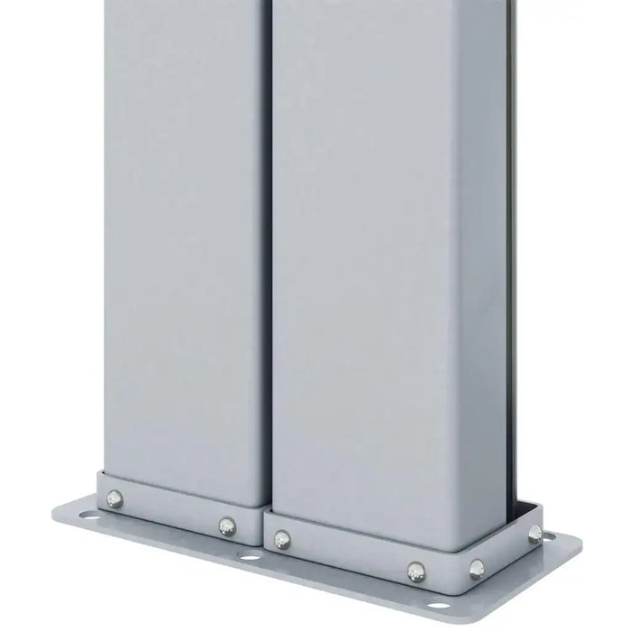 Close-up of a grey metal garden awning retractable screen base with bolts