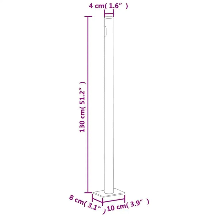 Diagram of metal post for retractable garden awning, dimensions labeled in centimeters and inches.