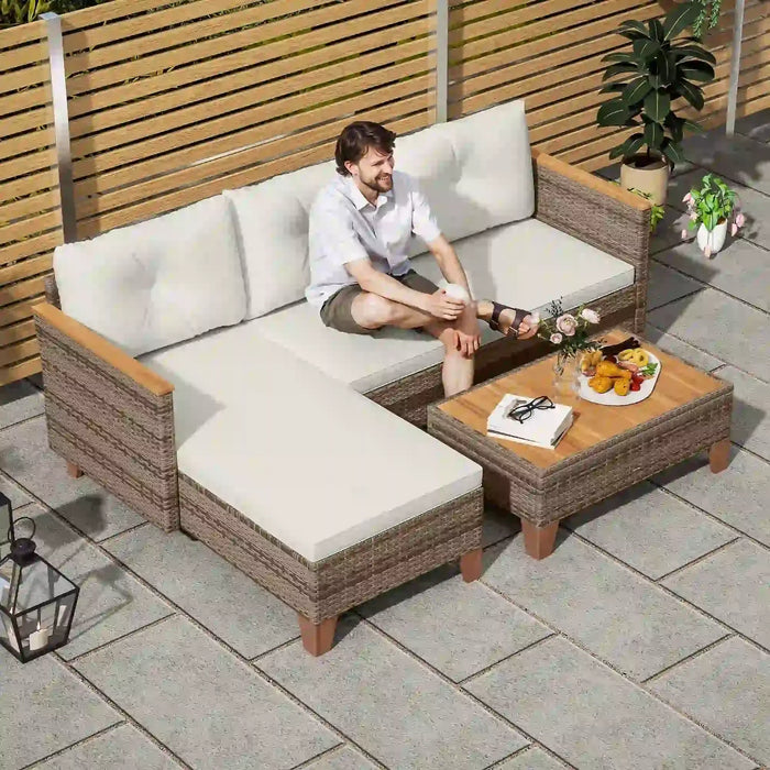 L Shaped Rattan Garden Furniture Set with Coffee Table in Cream - Little and Giant Explorers Outsunny