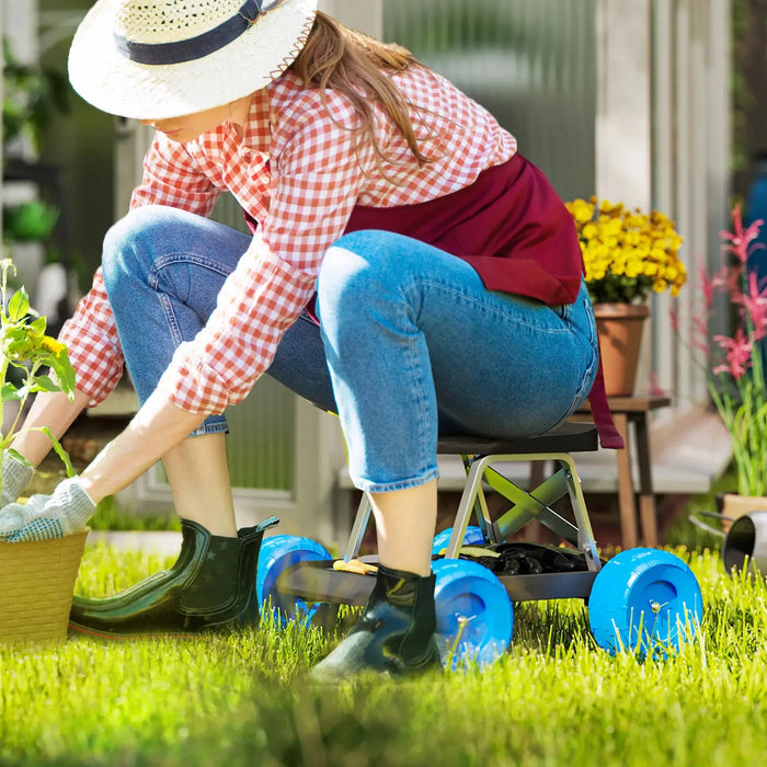 Garden Stool Trolley with Tool Tray and Wheels - Little and Giant Explorers Outsunny